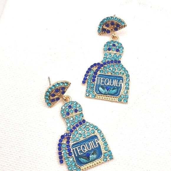 New TEQULIA BOTTLE TURQUOISE & COLBOLT BLUE rhinestone earrings - Picture 10 of 12
